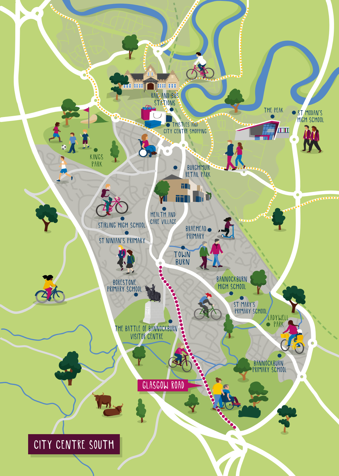 A conceptual map showing the Glasgow Road corridor,part of the City Centre South programme in purple and the existing and committed active travel infrastructure in yellow.