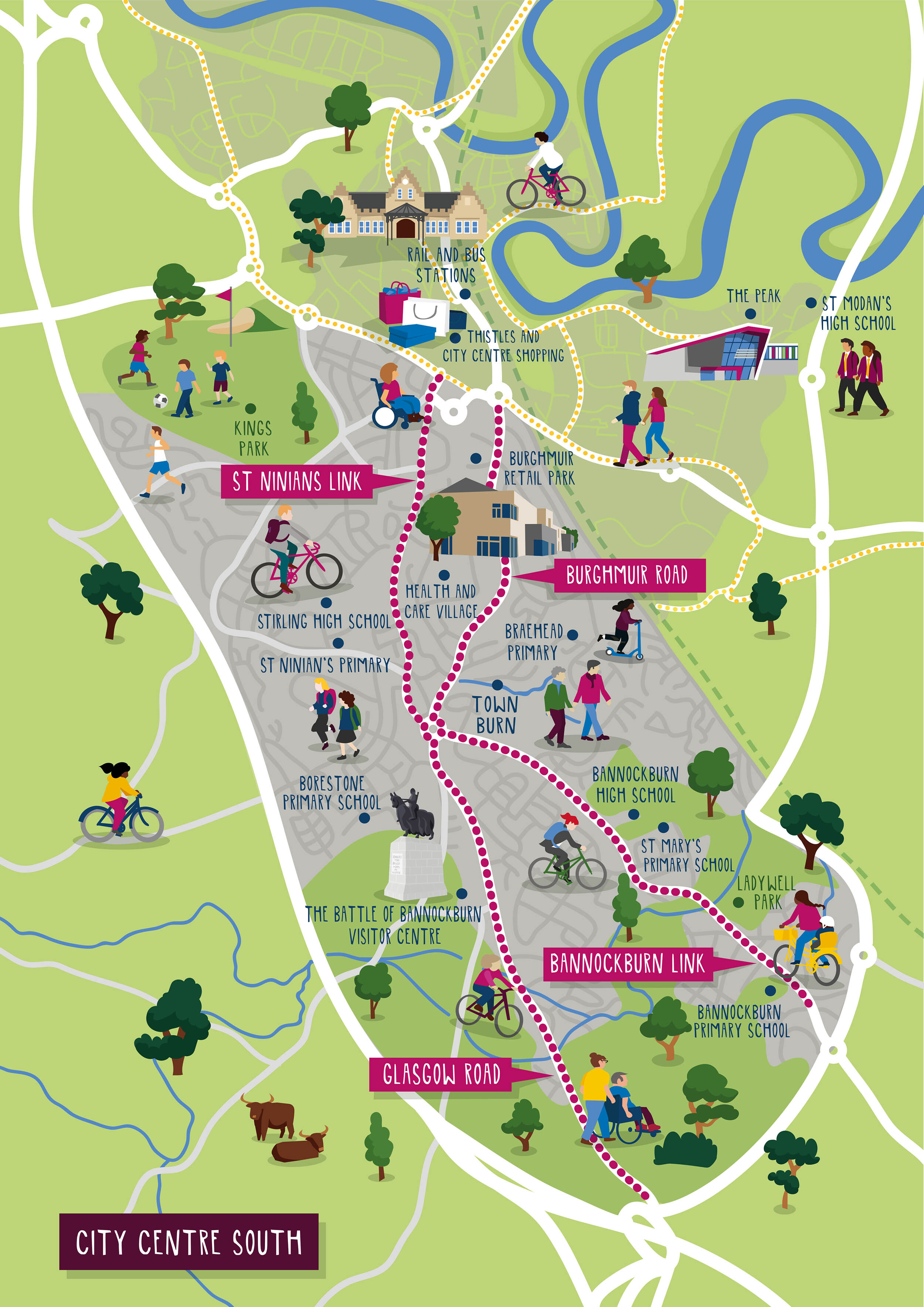 A conceptual map showing the 4 corridors in the City Centre South programme in purple and the existing and committed active travel infrastructure in yellow.