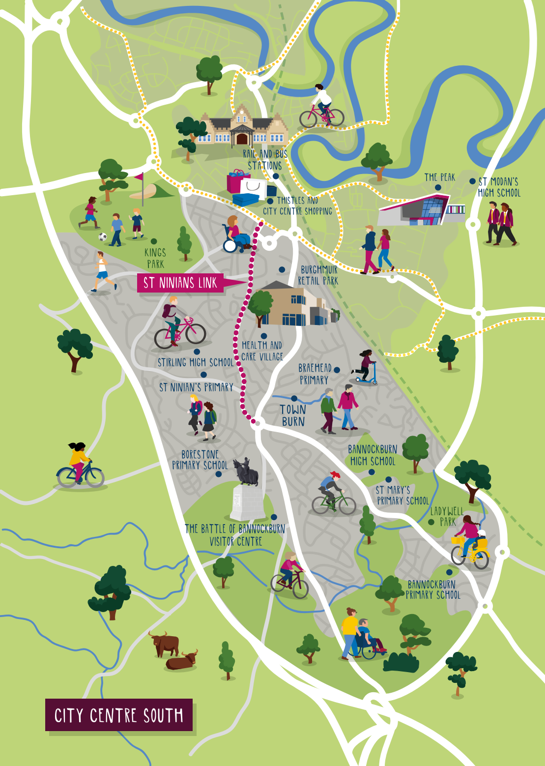 A conceptual map showing the St. Ninians corridor, part of the City Centre South programme in purple and the existing and committed active travel infrastructure in yellow.