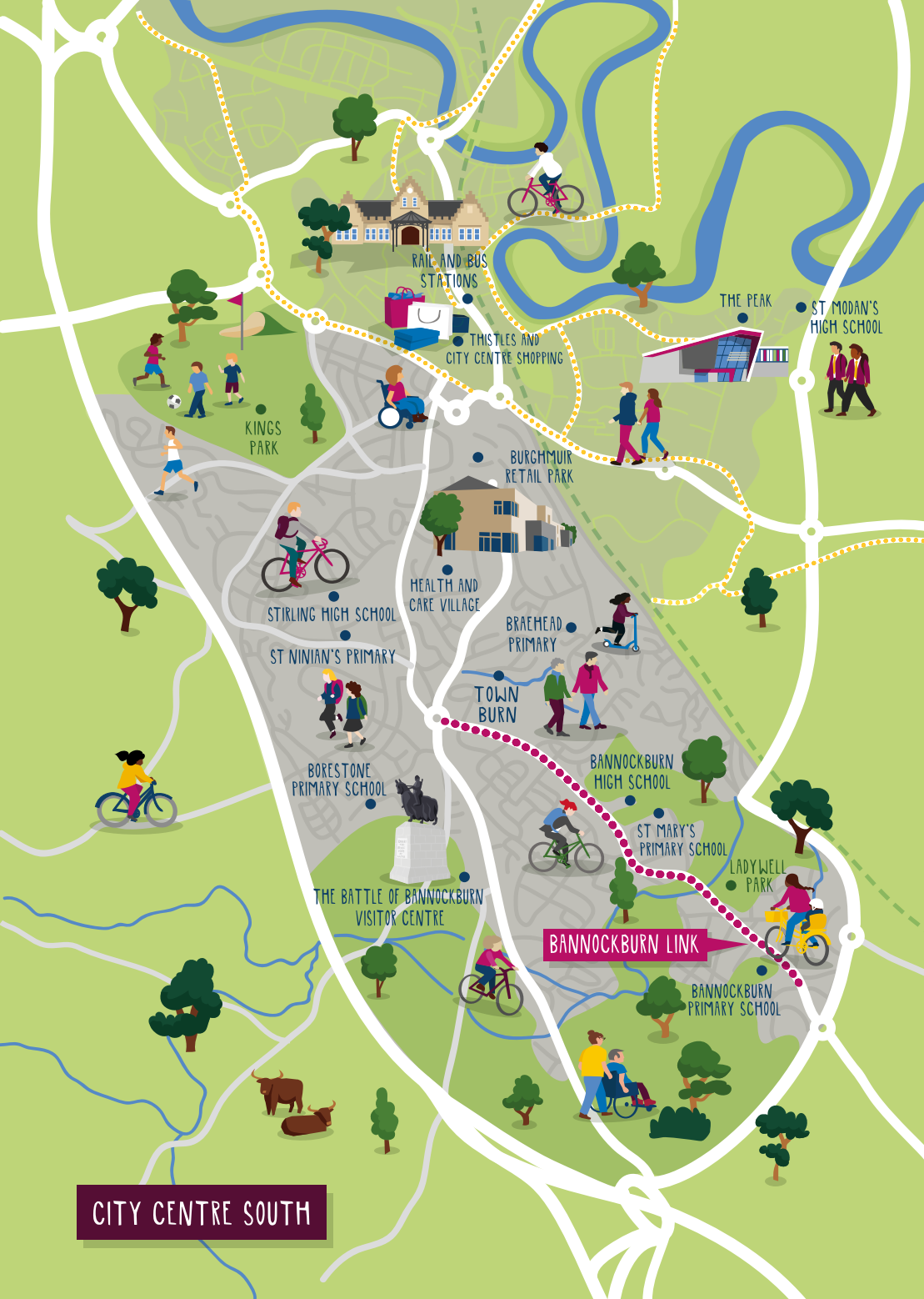 A conceptual map showing the Bannockburn corridor, part of the City Centre South programme in purple and the existing and committed active travel infrastructure in yellow.